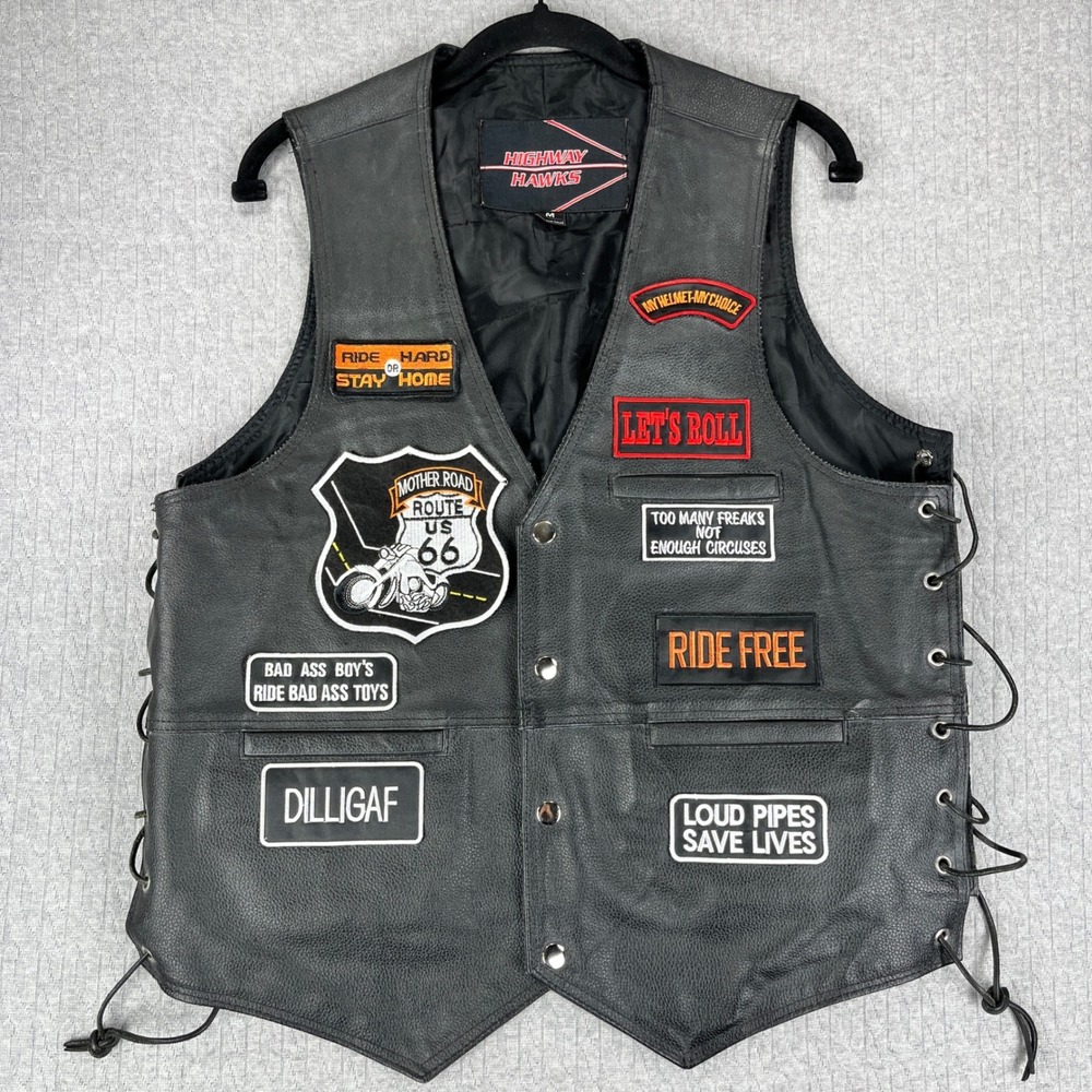 Highway Hawks Mens Black Leather Motorcycle Vest Patches Concealed Carry Size‎ M
